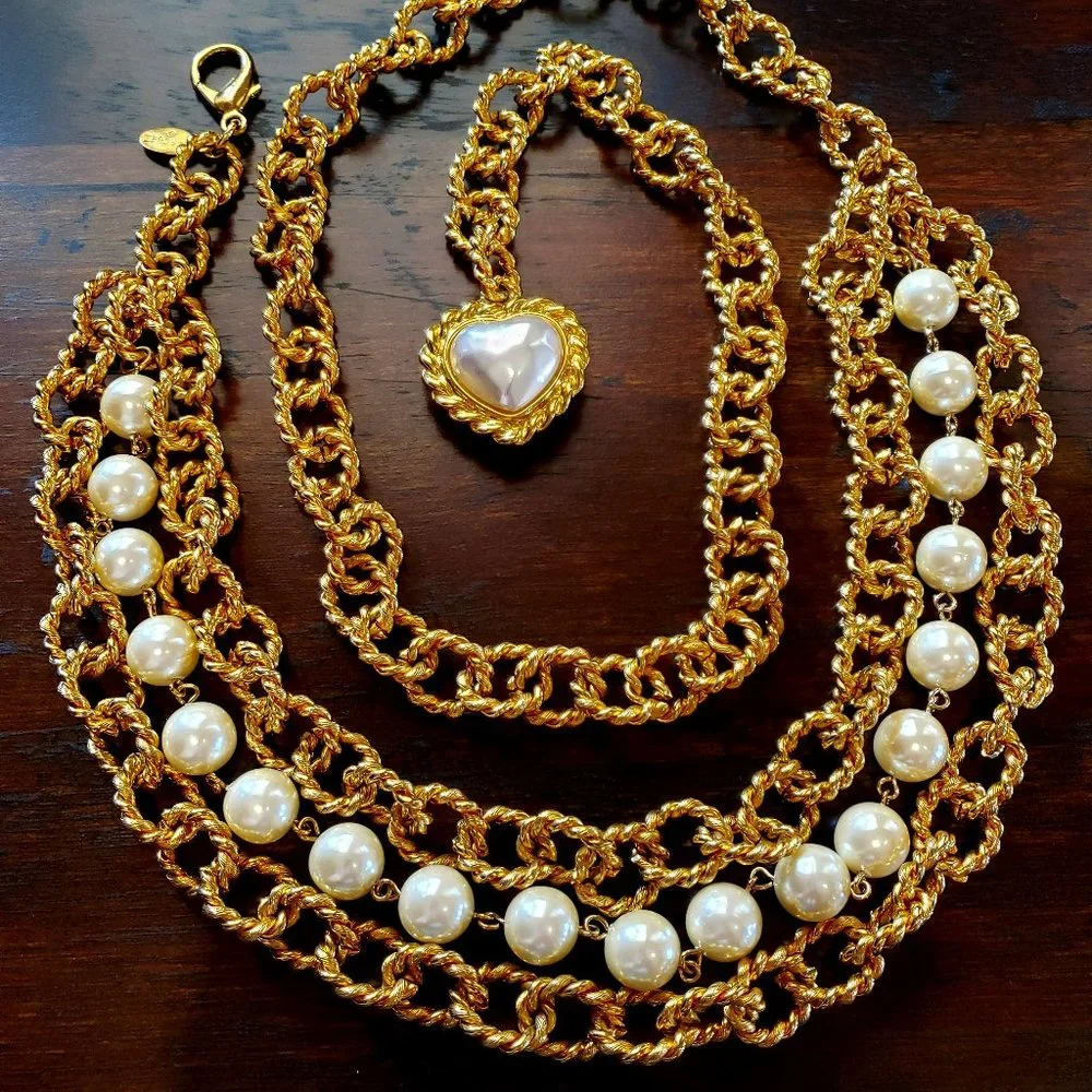 Vintage CAROLEE Runway Pearl Gold Rope Chain Statement Backless Dress Necklace